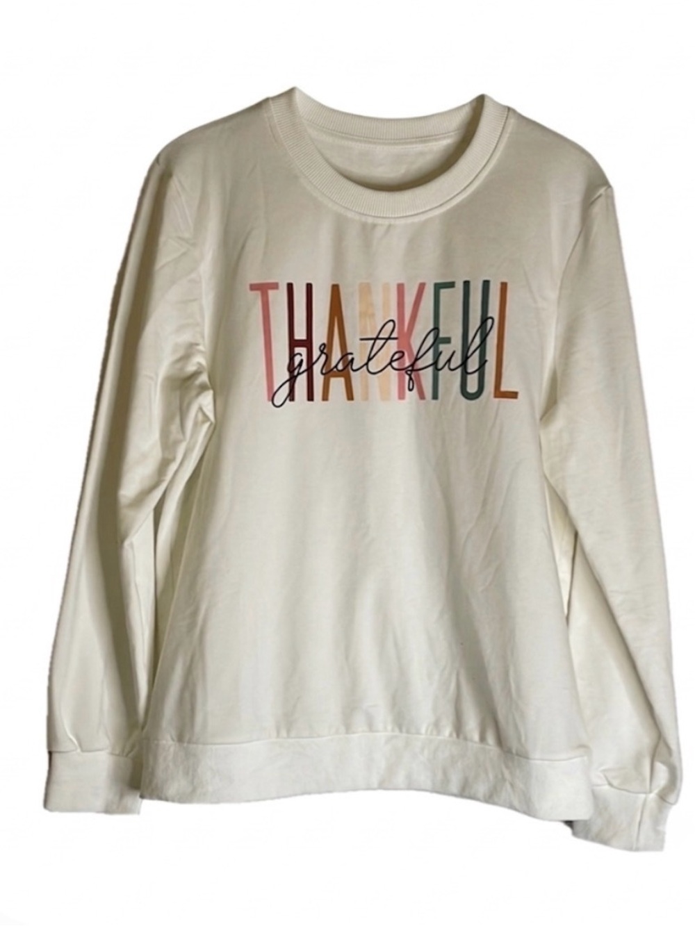Thankful and Grateful Graphic Sweatshirt, Women’s M, White Multicolor
